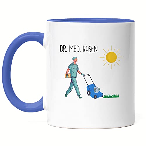 Hey!Print Dr. Med. Rasen Tasse Blau Gartenarbeit Garten Doktor Arzt Rasenpflege Garten Gartenpflege Rasen Natur Rasenmäher von Hey!Print
