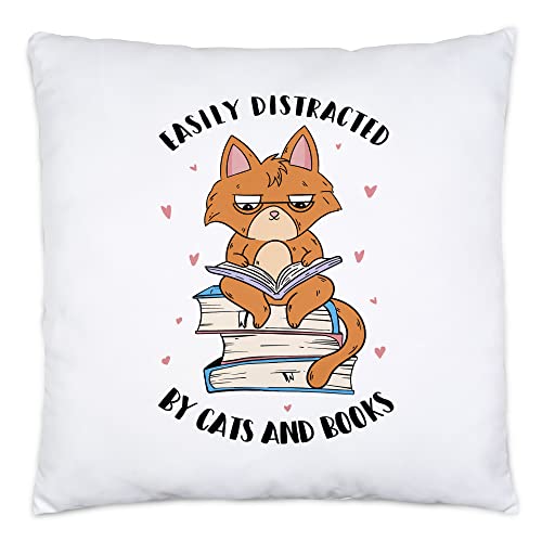 Hey!Print Easily Distracted by Cats and Books Kissen Bücherliebhaber Katzenfreunde süße Katze Bücherwurm lesen von Hey!Print