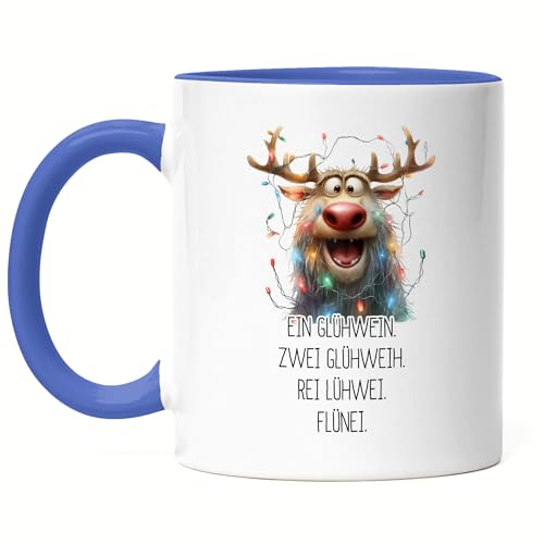 Hey!Print Ein Glühwein Zwei Glühweih Glühwein-Tasse Rentier Julklapp Geschenk Tasse Blau Weihnachten von Hey!Print
