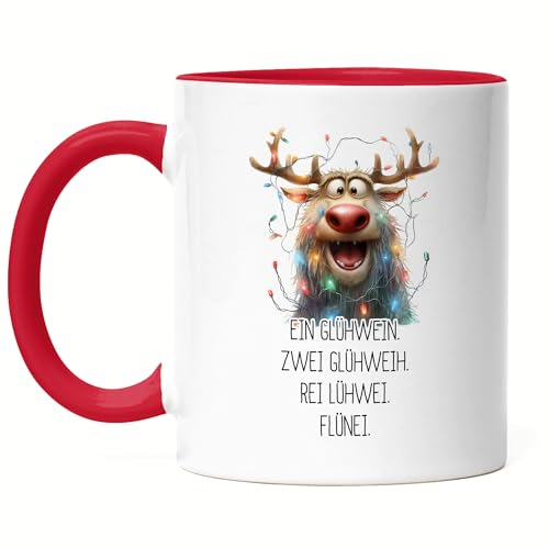 Hey!Print Ein Glühwein Zwei Glühweih Glühwein-Tasse Rentier Julklapp Geschenk Tasse Rot Weihnachten von Hey!Print