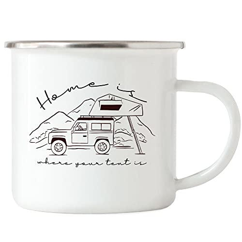 Hey!Print Emaille Camping Tasse mit Spruch Home is where your tent is Geschenk Tasse für Camper Wohnmobil Geländewagen Dachzelt von Hey!Print