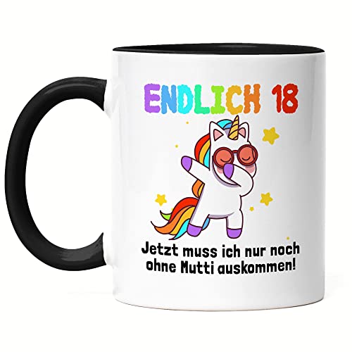 Hey!Print Endlich 18 Tasse Schwarz Mutter Ohne Mich Auskommen Spruch Einhorn Mama Auszug Emotional Witzig Unicorn von Hey!Print