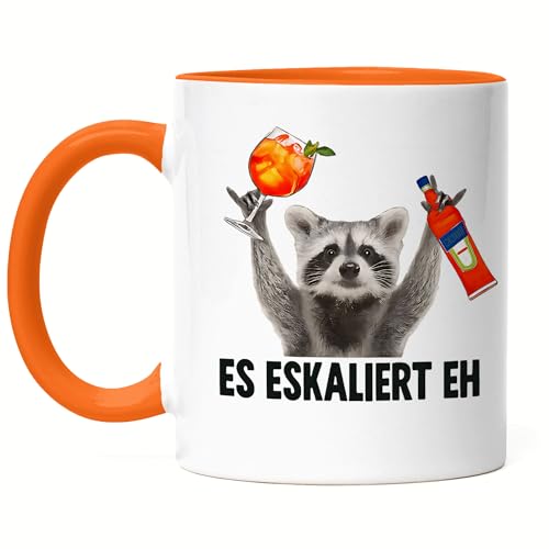 Hey!Print Es eskaliert eh Waschbär Tasse Orange Lustige Party Kaffeetasse Aperol Spritz Geschenk WG Geburtstag Feier Festival Spaß von Hey!Print