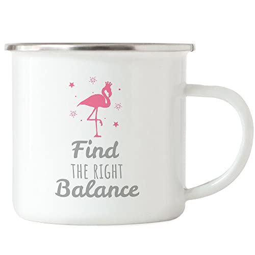 Hey!Print Find the right Balance Flamingo Emaille Tasse Rosa Spruch Sprüche-Tasse für Damen Frauen von Hey!Print