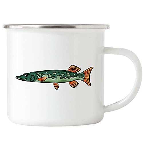 Hey!Print Fisch Emaille Tasse Angler Angeln Fische Angelzubehör Geschenkidee Karpfen Dorsch Hecht Forelle von Hey!Print