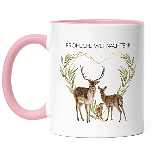 Hey!Print Fröhliche Weihnachten Tasse Rosa Geschenkidee Rentier-Fans Reh-Kids Süßes Motiv für Weihnachten für Familie Freunde von Hey!Print