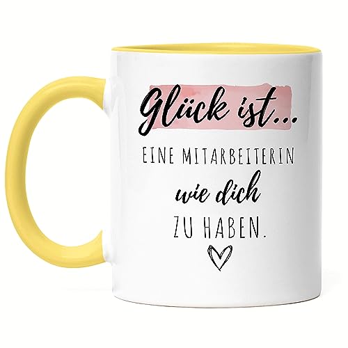 Hey!Print Glück Ist Eine Mitarbeiterin Wie Dich Zu Haben Tasse Gelb Geschenk Danke Sagen Beste Mitarbeiterin von Hey!Print