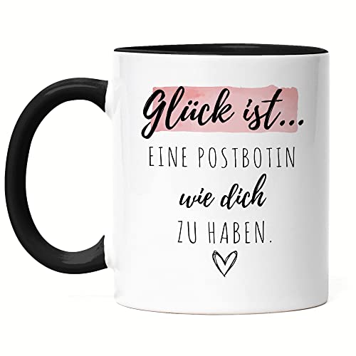 Hey!Print Glück Ist Eine Postbotin Wie Dich Zu Haben Tasse Schwarz Geschenk Danke Sagen Briefträgerin Paketzustellerin von Hey!Print