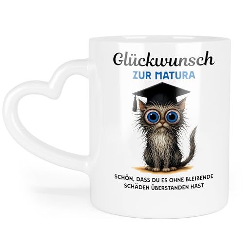 Hey!Print Glückwunsch zur Matura Katze Tasse Herz Geschenk Matura lustig frech Spruch Abschluss Schule Humor witzig Spaß von Hey!Print