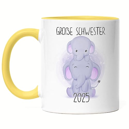 Hey!Print Große Schwester 2025 Tasse Gelb Geschwisterliebe Sister Elefant Geborgenheit Beschützer Welt Liebe Familie von Hey!Print