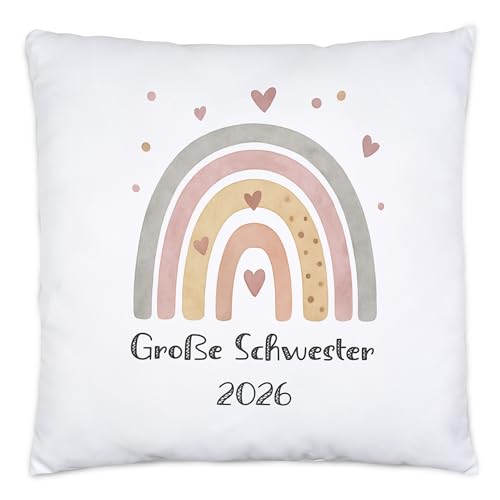 Hey!Print Große Schwester 2026 Boho Regenbogen Motiv Kissen Geschenk Herz Pastell Vintage Familie Geschwister von Hey!Print