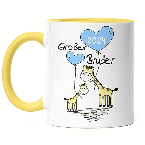 Hey!Print Großer Bruder 2024 Tasse Gelb Ankündigung Schwangerschaft Brüder Kinder Babynews Giraffen Motiv von Hey!Print