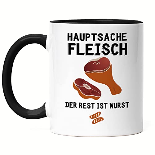 Hey!Print Hauptsache Fleisch Der Rest Ist Wurst Tasse Schwarz Fleischer Steak Metzger Fleischhauer Wurst Schlachter Würstchen von Hey!Print