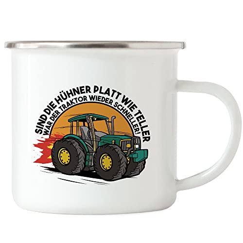 Hey!Print Hühner Platt Wie Teller Traktor Wieder Schneller Emaille Tasse Lustig Sarkasmus Landarbeit Trecker von Hey!Print
