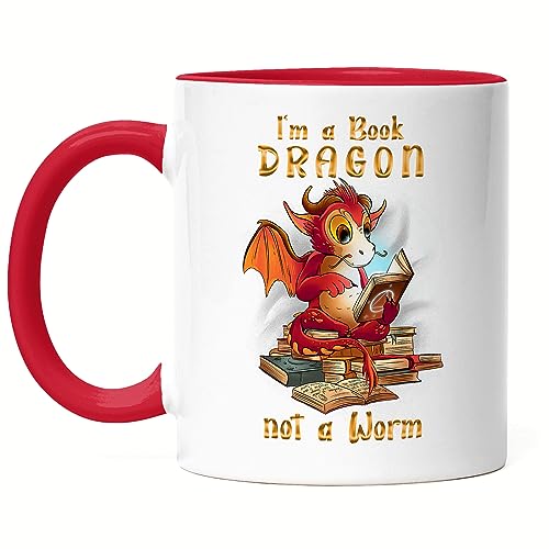 Hey!Print I Am A Book Dragon Not A Worm Tasse Rot Bücherwurm Buch Lesen Bildung Magie Drachen Dragon von Hey!Print