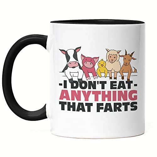 Hey!Print I Don't Eat Anything That Farts Tasse Schwarz Vegan Vegetarier Plant-Based Geschenkidee Tierwohl Tierleid von Hey!Print