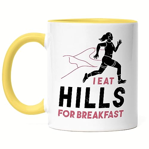 Hey!Print I Eat Hills For Breakfast Tasse Gelb Laufen Läuferin Laufstrecke Hügel Gipfel Berge Laufschuhe Laufhose Sport von Hey!Print