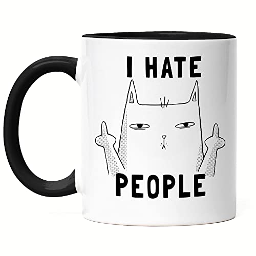 Hey!Print I Hate People Tasse Schwarz Lustig Katze unhöflich Spruch Cat Katzenliebhaber Geschenk Kollege Kollegin Büro-Tasse von Hey!Print