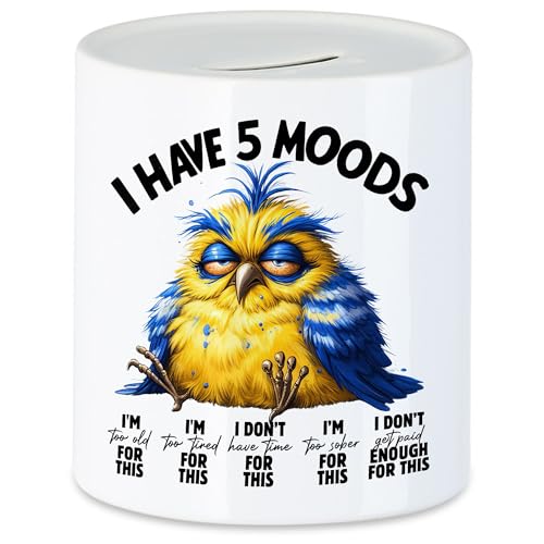 Hey!Print I Have 5 Moods Grumpy Vogel Spardose Lustig Geschenkidee für Morgenmuffel von Hey!Print