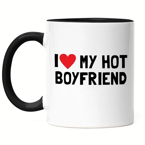Hey!Print I love my hot Boyfriend Tasse Schwarz Liebe Freund Paar Pärchen Jahrestag Lustig Valentinstag von Hey!Print