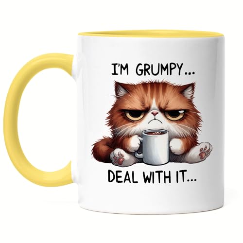 Hey!Print I'm Grumpy Deal With It Tasse Gelb Lustige Katze Morgenmuffel Humor Geschenkidee von Hey!Print