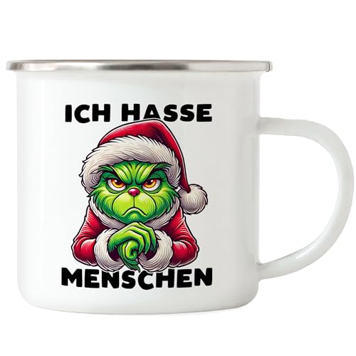 Hey!Print Ich Hasse Menschen Emaille-Tasse silber Weihnachtsmuffel Sarkasmus Anti-Weihnachten Geschenkidee von Hey!Print