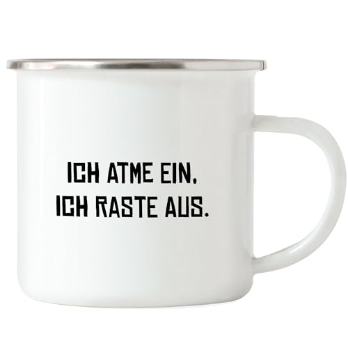 Hey!Print Ich atme ein Ich raste aus Emaille Tasse Geschenk Büro Mitarbeiter Chef Humorvolles Motiv von Hey!Print