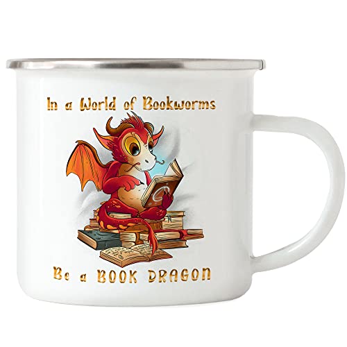 Hey!Print In A World Of Bookworms Be A Book Dragon Emaille Tasse Buch Lesen Bücherwurm Drachen Bildung Bücher von Hey!Print