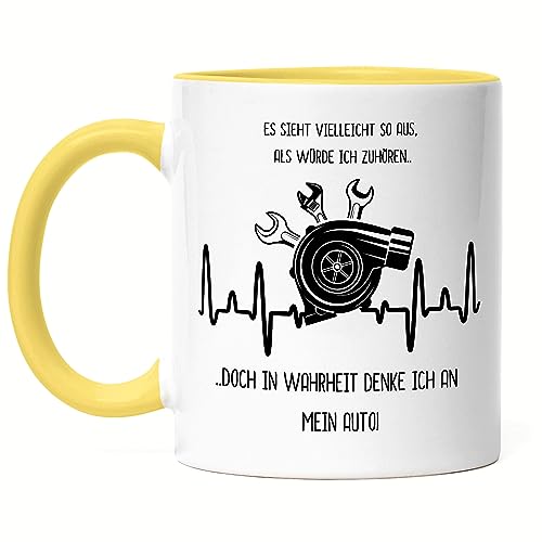 Hey!Print In Wahrheit Denke Ich An Mein Auto Tasse Gelb Autofans Benzin Im Blut Autonarr Liebhaber Autofreak Geschenkidee von Hey!Print