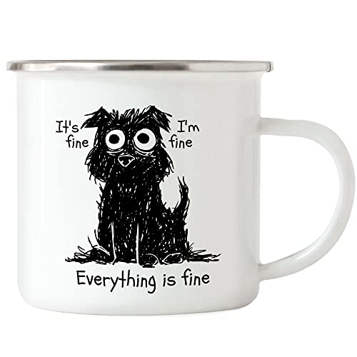 Hey!Print It's Fine I Am Fine Everything Is Fine Emaille Tasse Laune Gemüht Gefühle Schwarze Katze Okay Gut Trauer von Hey!Print