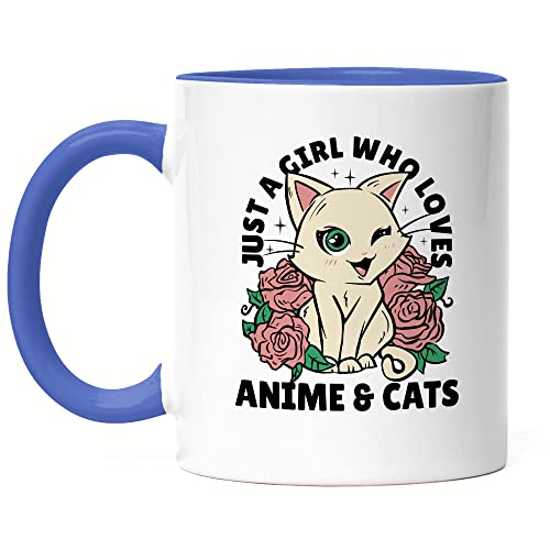 Hey!Print Just A Girl Who Loves Anime & Cats Tasse Blau für Anime Fanatiker von Japanische Zeichentrickfilm Comic Cartoon von Hey!Print