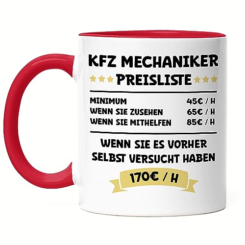 Hey!Print KFZ Mechaniker Preisleiste Tasse Rot Schwarz Beruf Arbeit Job Autos Autohaus Technik Werkstatt Werkzeug Auto von Hey!Print