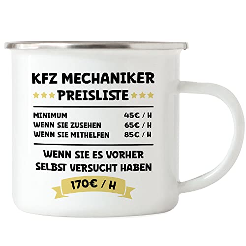 Hey!Print KFZ Mechaniker Preisliste Emaille Tasse Schwarz Beruf Arbeit Job Autos Autohaus Technik Werkstatt Werkzeug Auto von Hey!Print