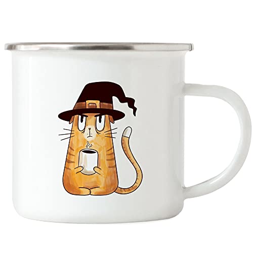 Hey!Print Katzen Hexe Emaille Tasse Halloween Catlover Katzenliebhaber Witch Magic Kaffetasse Coffecup Mug Kitty Trick or Treat von Hey!Print