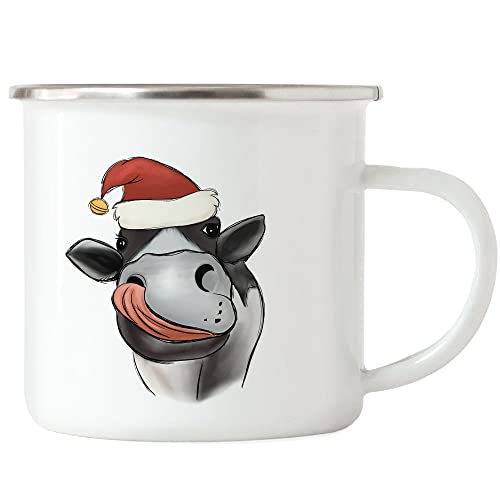 Hey!Print Kuh mit Weihnachtsmütze Emaille-Tasse Geschenkidee Weihnachten Frohe Weihnachten Süßes Kuh-Motiv Kuh-Fans Kühe von Hey!Print