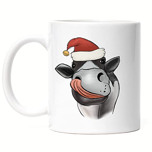 Hey!Print Kuh mit Weihnachtsmütze Tasse Weiß Geschenkidee Weihnachten Frohe Weihnachten Süßes Kuh-Motiv Kuh-Fans Kühe von Hey!Print