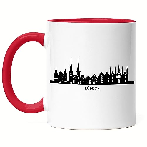 Hey!Print LÜBECK Skyline Tasse Rot Souvenir Andenken Deutsche Großstädte Motiv Stadt Silhouette Geschenkidee Umzug von Hey!Print