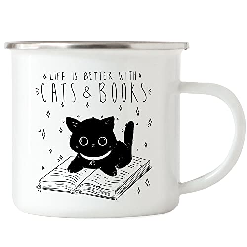 Hey!Print Life is better with cats and books Emaille-Tasse Bücherliebhaber Buch lesen Katzenliebe Tierfreund süßer Bücherwurm von Hey!Print