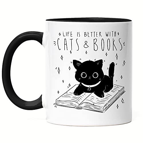 Hey!Print Life is better with cats and books Tasse schwarz Bücherliebhaber Buch lesen Katzenliebe Tierfreund süßer Bücherwurm von Hey!Print