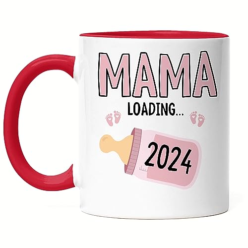 Hey!Print Mama Loading 2024 Tasse Rot Geschenk Werdende Mama Babynews Mit Ladebalken Mutterschutz Schwangerschaft Geschenkidee von Hey!Print