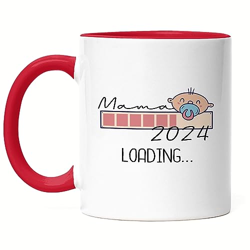 Hey!Print Mama Loading 2024 Tasse  werdende Mütter zur Geburt Tochter Sohn Ich werde Mama Geschenk-Idee Babynews Tasse Rot von Hey!Print