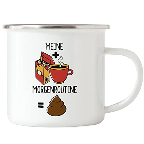 Hey!Print Meine Morgenroutine Kaffee Kippe Kacken Lustige Emaille Tasse Mit Zigaretten Motiv Emoji Geschenkidee Daily Routine von Hey!Print