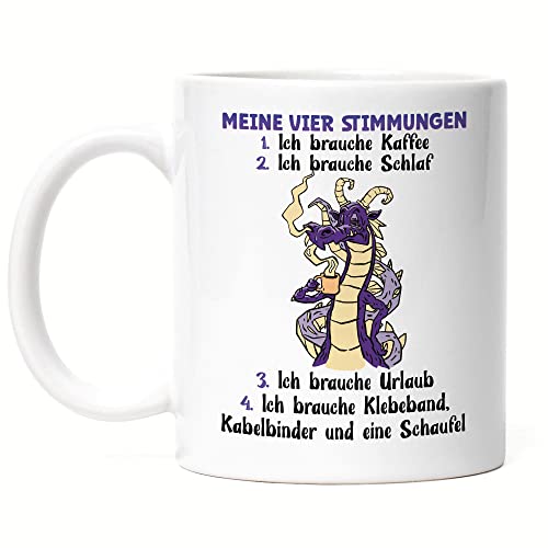 Hey!Print Meine Vier Stimmungen Tasse Weiß Kaffee Schlaf Urlaub Klebeband Kabelbinder Schaufel Drachen Pessimist Leben von Hey!Print