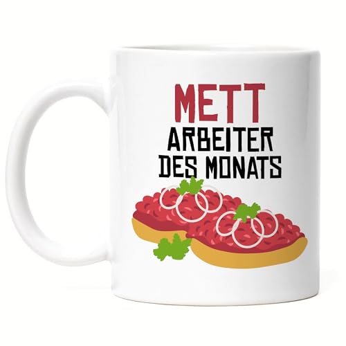 Hey!Print Mettarbeiter des Monats Tasse Weiß Bauarbeiter Büro Mettbrötchen Hackfrühstück Maurer von Hey!Print