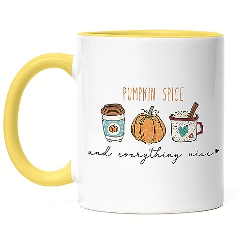 Hey!Print Pumpkin Spice And Everything Nice Tasse Gelb Kürbissuppe Kürbis Laubblätter Herbstblätter Herbstzeit Erntezeit von Hey!Print