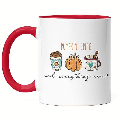 Hey!Print Pumpkin Spice And Everything Nice Tasse Rot Kürbissuppe Kürbis Laubblätter Herbstblätter Herbstzeit Erntezeit von Hey!Print