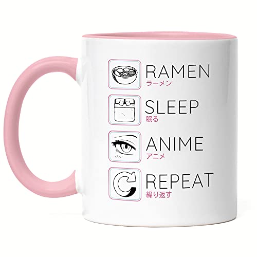 Hey!Print Ramen Sleep Anime Repeat Tasse Rosa Japan Manga Otaku Baka Geschenkidee von Hey!Print