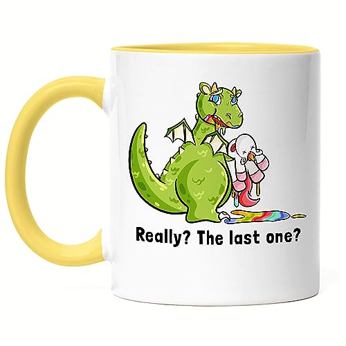 Hey!Print Really? The last one? Tasse Drache frisst Einhorn Lustig Sarkasmus Tasse Gelb von Hey!Print