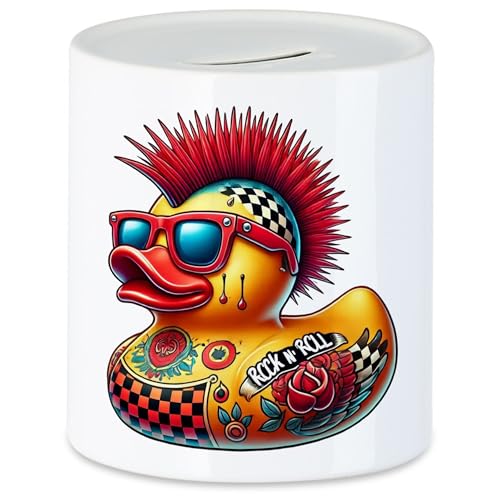 Hey!Print Rock N Roll Ente Spardose Punk Rock Ente Tattoo Mohawk Retro von Hey!Print