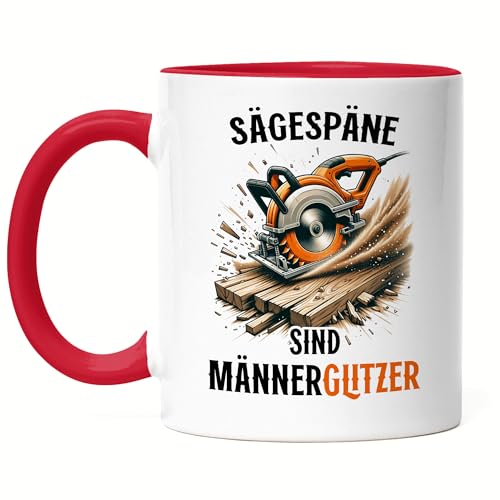 Hey!Print Sägespäne Männerglitzer Kreissäge Tasse Rot Männlichkeit Handwerker Holz von Hey!Print
